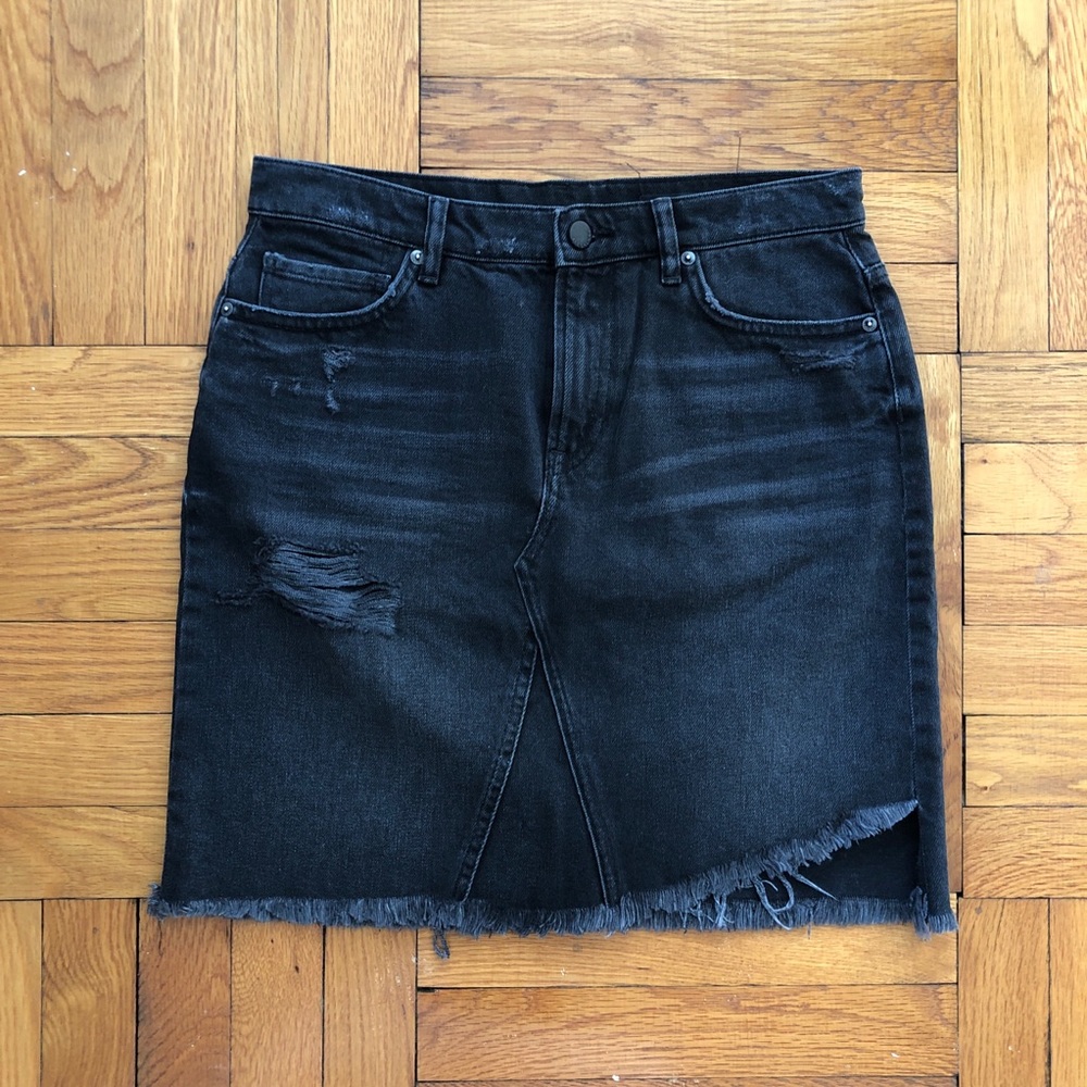 All Saints Black Distressed Denim Mini Skirt